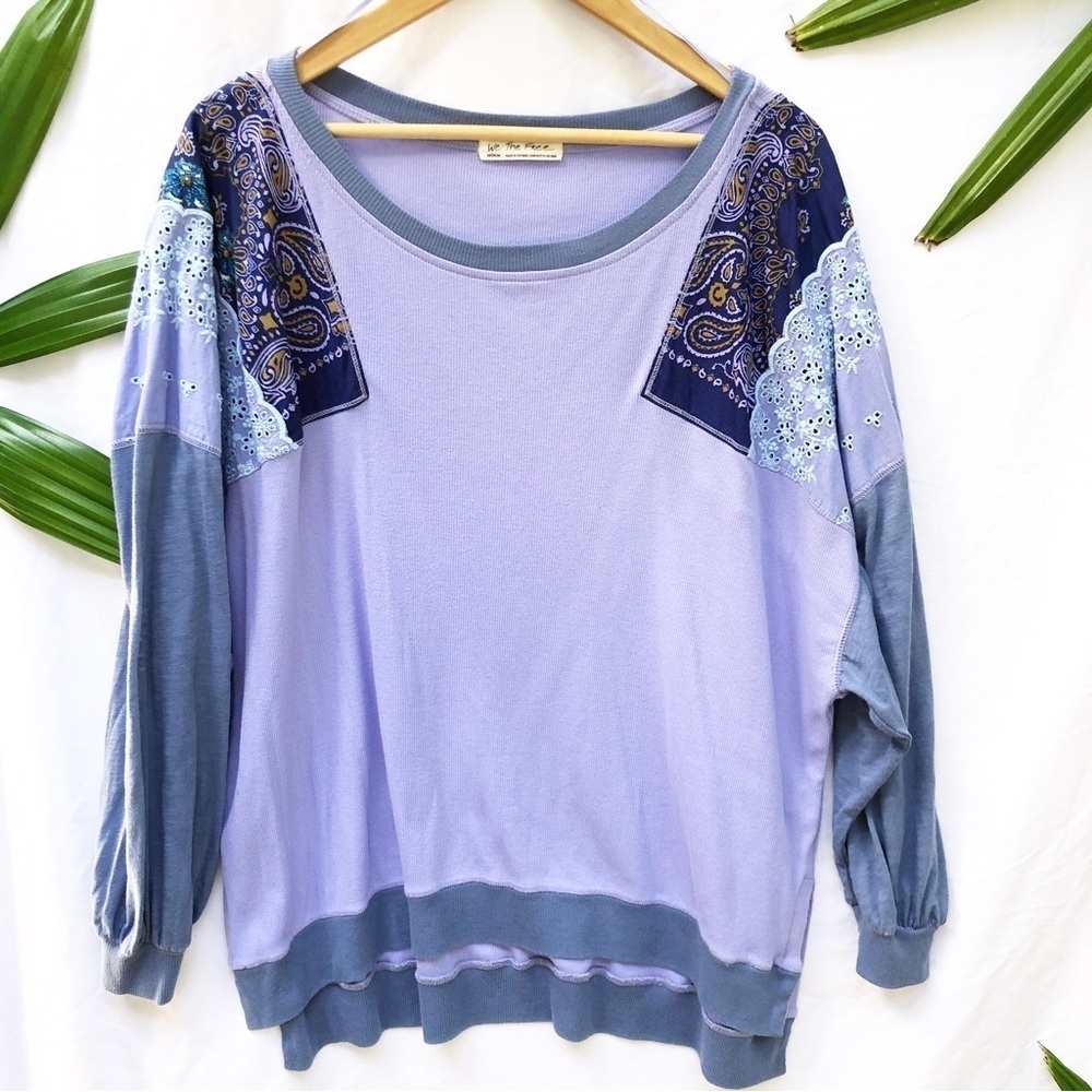 FREE PEOPLE | WE THE FREE FEELIN IT BOHO PATCHWORK SHIRT IN CORNFLOWER MEDIUM - Picture 5 of 7